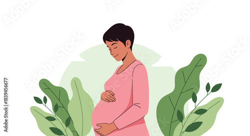 Beautiful pregnant woman with short hair tenderly holding her belly, surrounded by green leaves symbolizing growth and nature.