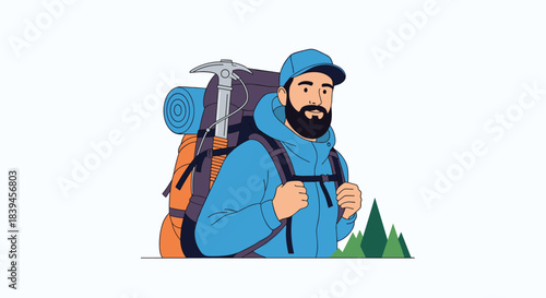 Portrait of a bearded male hiker or mountaineer wearing a cap and carrying a large backpack with climbing and camping gear.