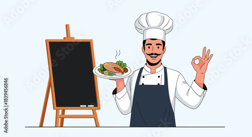 Professional chef with a mustache holding a plate of grilled salmon and giving an OK sign next to a blank chalkboard menu.