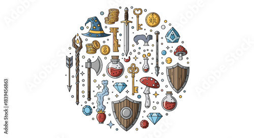 Circular collection of colorful fantasy role-playing game icons including swords, shields, magic potions, and wizard hats.