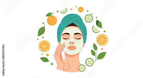 Woman with a towel on her head applying a cosmetic face mask, surrounded by natural ingredients like cucumber and orange slices.