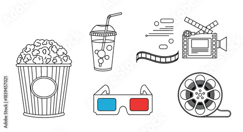 Set of black and white cinema and movie theater icons including popcorn, a drink, 3D glasses, film reel, and a movie camera.