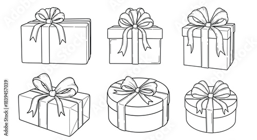 Collection of hand-drawn gift boxes in various shapes and sizes with ribbons and bows, presented in a black and white sketch style.