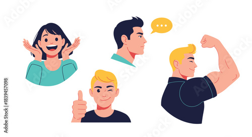 Set of diverse cartoon characters expressing different emotions and actions like surprise, talking, winking, and showing strength.