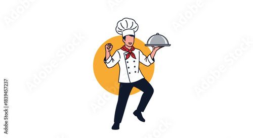 Happy cartoon chef character in uniform and a toque, joyfully presenting a meal on a platter with a silver cloche cover.