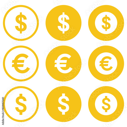 dollar and euro currency icon set featuring clean financial symbols