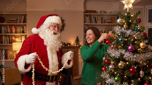 Santa Claus helping a smiling woman decorate a Christmas tree  