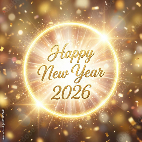 Happy New Year 2026 With Gold Halo and Radiant Light Burst – Shining Celebration Typography Featuring Warm Glow and Festive Atmosphere for New Year Artwork, Square