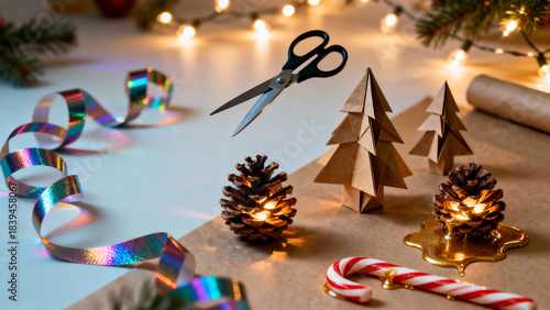 A creative Christmas craft scene featuring handmade paper trees, glowing pinecones, festive ribbon, candy cane, and scissors floating above the workspace. Warm fairy lights in the background add a coz