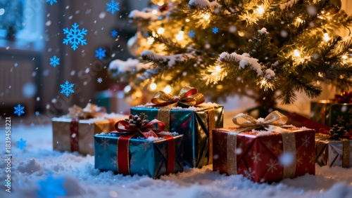 A cozy Christmas scene featuring beautifully wrapped gift boxes placed under a decorated Christmas tree. Warm golden lights illuminate the branches while snow and magical falling snowflakes add a fest