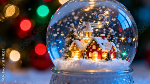 A magical Christmas snow globe featuring a glowing miniature village with snow-covered rooftops, warm illuminated windows, and tiny decorated trees. Delicate swirling snowflakes float inside the glass