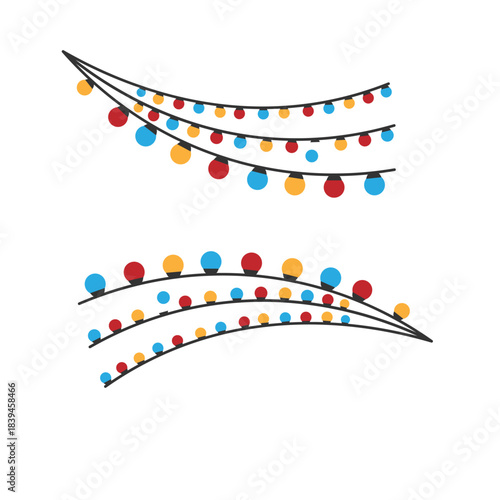 Colorful Christmas light garlands arranged in decorative curves, perfect for festive borders and holiday designs.