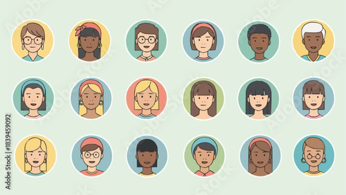 Diverse Group of Young Women Avatars Representing Various Ethnicities and Styles.