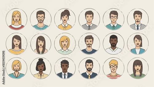 Diverse Group of Hand-Drawn Avatar Icons Representing Various People.