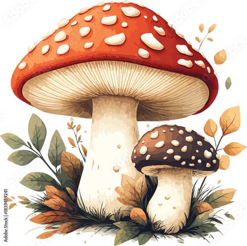 A red and white amanita toadstool fungus grows in green forest grass and is also shown as a cartoon vector illustration isolated on a white background