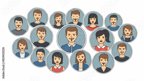 Diverse Group of People Avatars in Circles Representing Social Network.
