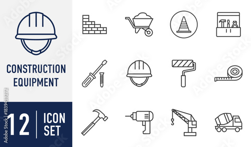 Construction Equipment line icons set. featuring safety gear, tools, and heavy machinery for building and renovation projects Vector
