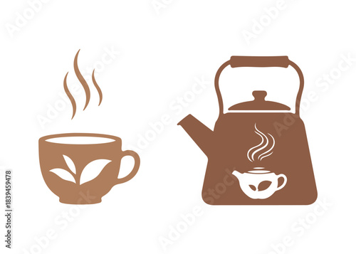 Teapot and cup icon from Asia. A kettle symbolizing brewing tea. A sign for the Chinese tea ceremony. Illustration depicting a traditional Japanese cafe.

