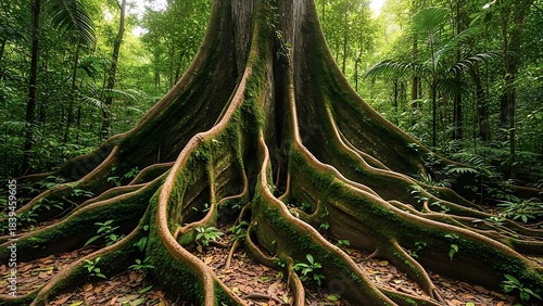 A Majestic Tree With Sprawling Buttress Roots Stands Dominant In A Lush Tropical Rainforest. The Ancient Woodland Is Alive With Green Foliage.