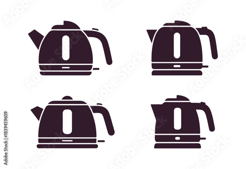 Stylish electric kettle available in 4 unique designs. Solid art kitchen icon. Vector illustration.