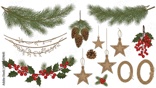 A charming collection of festive winter holiday and Christmas natural decorative elements, perfect for creating joyful seasonal designs and greetings