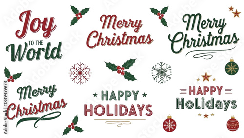 Collection of festive holiday greetings with elegant typography and traditional Christmas decorative elements