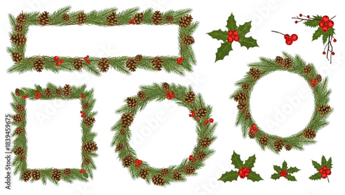 Festive Christmas Decor Elements Pine Frames, Wreaths, Holly Sprigs, and Berries for Holiday Designs