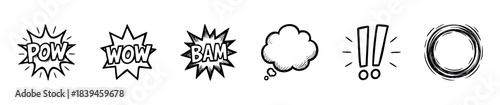 Comic style graphic set featuring sound effects like POW WOW BAM and thought bubble exclamation marks and graphic circle for action and impact in media projects.