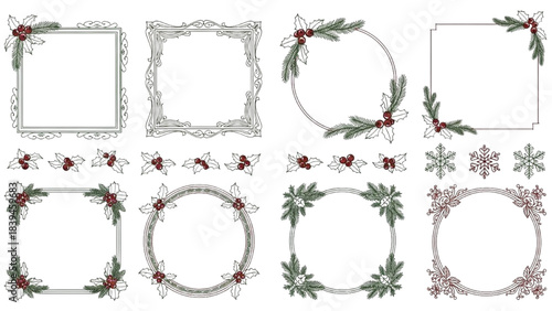 Set of Vintage Christmas Ornate Frames and Holiday Decorative Elements with Fir Branches and Holly Berries Vector Illustration