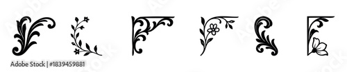 Collection of elegant black corner flourishes and floral accents for graphic embellishment and decorative framing in invitations and stationery projects