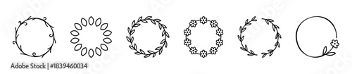 Collection of six hand drawn circular floral and leaf decorative frames for invitations greetings and graphic projects