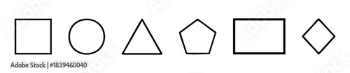 Collection of simple geometric shapes including a rectangle, circle, triangle, pentagon, square, and diamond for educational or abstract graphic use