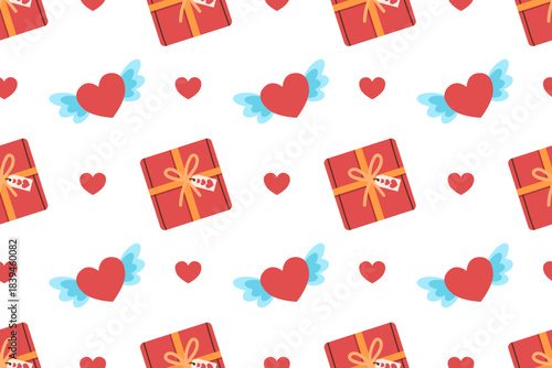 Festive seamless pattern for Valentine's Day with gift boxes and hearts. Flat style illustration.