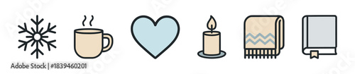 Collection of cozy winter icons including snowflake mug of hot drink heart candle blanket and book perfect for seasonal promotions and holiday themes