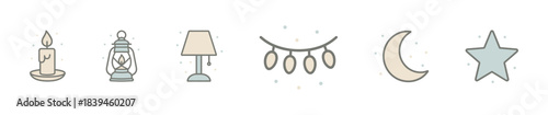 Set of cute doodle icons featuring a candle, lantern, lamp, string lights, moon, and star for cozy and celestial themes, perfect for web graphics and decorative elements.