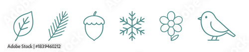 Set of seasonal nature icons including leaf, pine branch, acorn, snowflake, flower, and bird for use in thematic projects and presentations