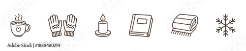 Collection of cozy winter icons including a steaming mug of hot chocolate, knitted gloves, candle, book, blanket, and snowflake for seasonal promotions and greeting cards.