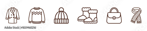 Collection of winter clothing and accessories including a coat, sweater, hat, boots, handbag, and scarf presented in a linear outline style for seasonal marketing and web use