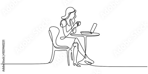 One line drawing of a woman sitting at a cafe table, enjoying a cup of coffee while working on her laptop. minimalist art style, isolated on white. Vector, illustration