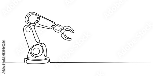 Single line drawing of a robotic arm, an industrial machine arm with a claw, symbolizing automation, manufacturing, and future technology, isolated on white. Vector, illustration