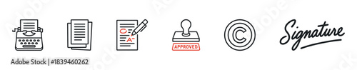Collection of icons representing writing, documents, grading, approval, copyright, and signature for legal and creative projects.