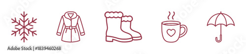 Collection of winter weather icons including a snowflake, coat, boots, hot drink, and umbrella for seasonal concepts and weatherrelated themes