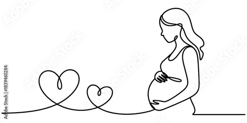 Continuous line drawing of a pregnant woman gently cradling her belly, with two connected hearts symbolizing love and family, isolated on white. Vector, illustration