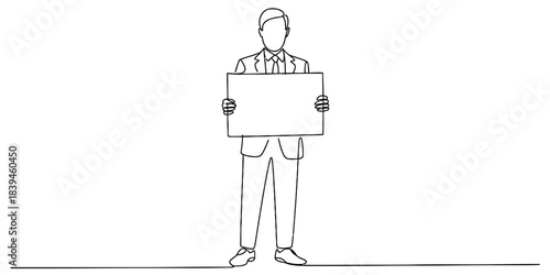 Minimalist one line drawing of a businessman in a suit holding a blank sign, isolated on white, symbolizing communication, ideas, and presentation Vector, illustration