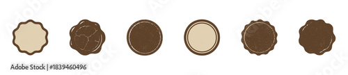 Collection of six rustic brown oval and irregular shaped seals or stamps with grunge texture and distressed edges, perfect for adding a vintage or handmade touch to labels or packaging