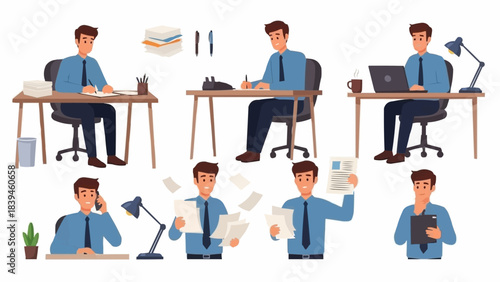 Businessman working at office desk set with various poses and activities.