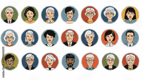 Diverse collection of senior adult avatar icons representing various ethnicities and styles.