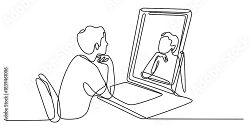 Continuous line drawing of a person contemplating their reflection in a mirror, symbolizing self-awareness, introspection, and personal growth. Vector, illustration