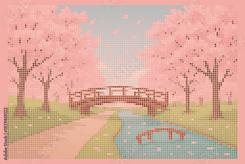 Rhinestone Halftone Cherry Blossom Bridge Poster Template
