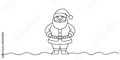 Cute cartoon illustration of santa claus standing and smiling in a simple line art style, isolated on a white background with wavy lines below. Vector, illustration
